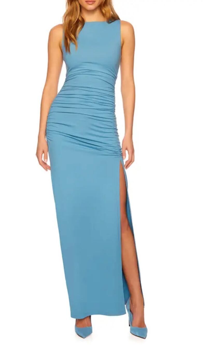 Susana Monaco Boat Neck Gathered Side Slit Long Dress Size XL Robin's Egg Blue